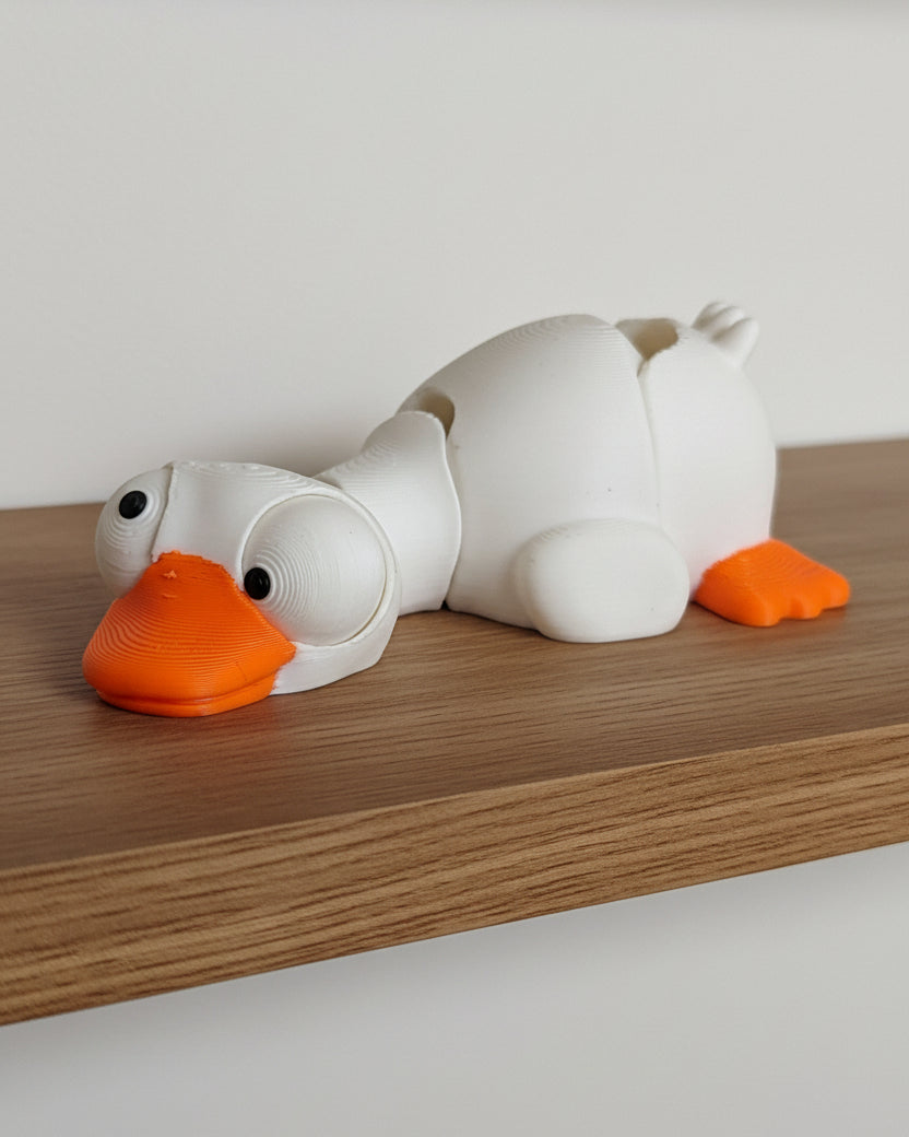 Close-up van een mini-flexigans met grote beweegbare googly eyes op witte achtergrond