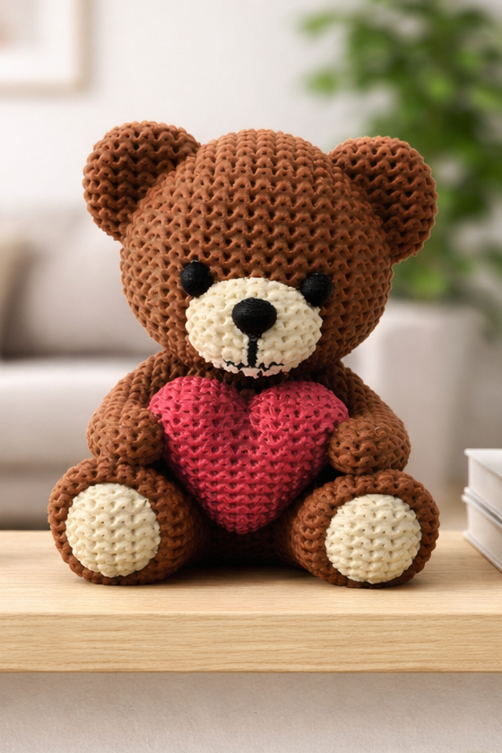 Bruin berenfiguurtje met rood hart, ca. 8 cm hoog