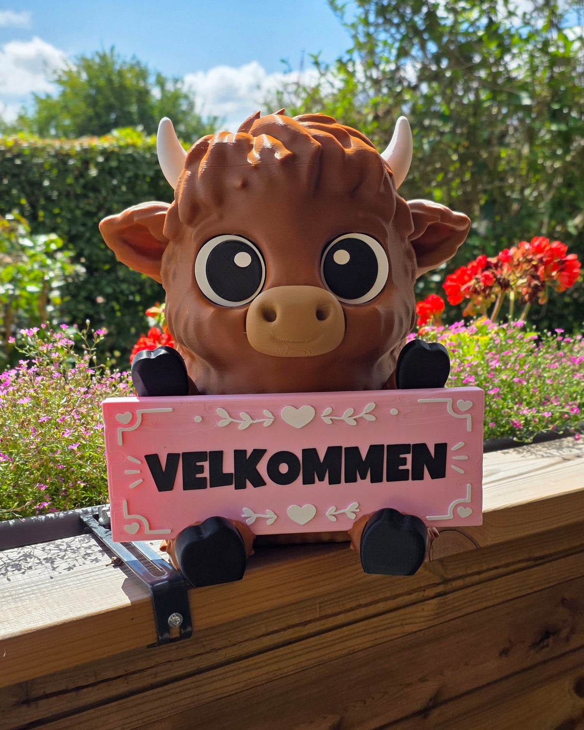 Welkomstbord met Schotse hooglander in roze – standaardversie met hartje