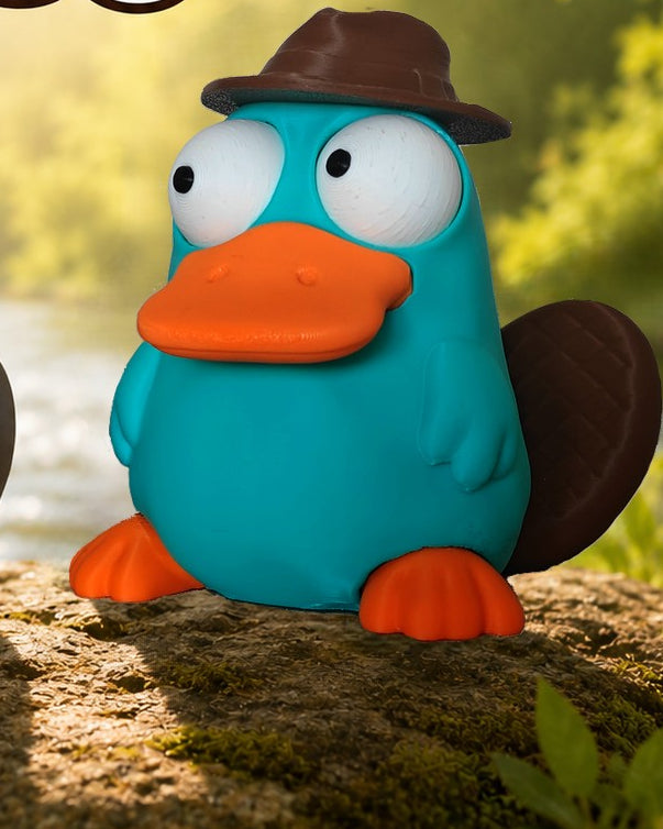 Close-up van een grappig vogelbekdierfiguurtje met grote beweegbare googly eyes op witte achtergrond