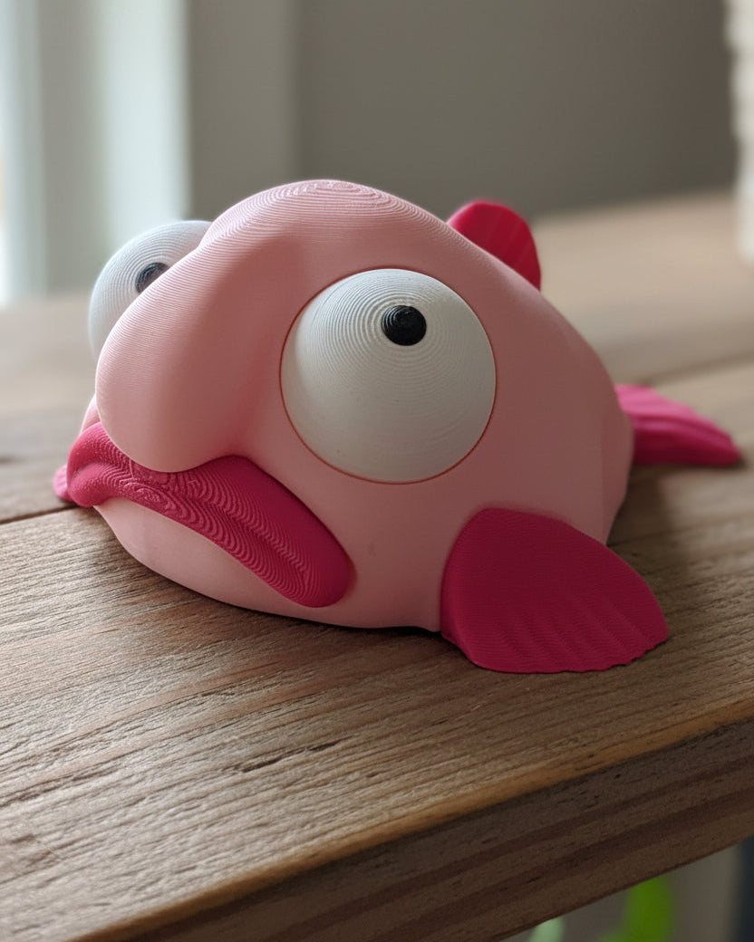 Blobvis-figuur met beweegbare googly eyes, vooraanzicht op witte achtergrond