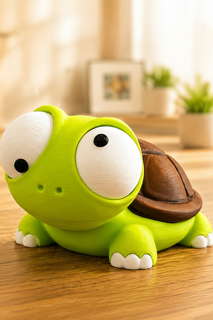 Close-up van een stripschildpad met grote beweegbare googly eyes op witte achtergrond