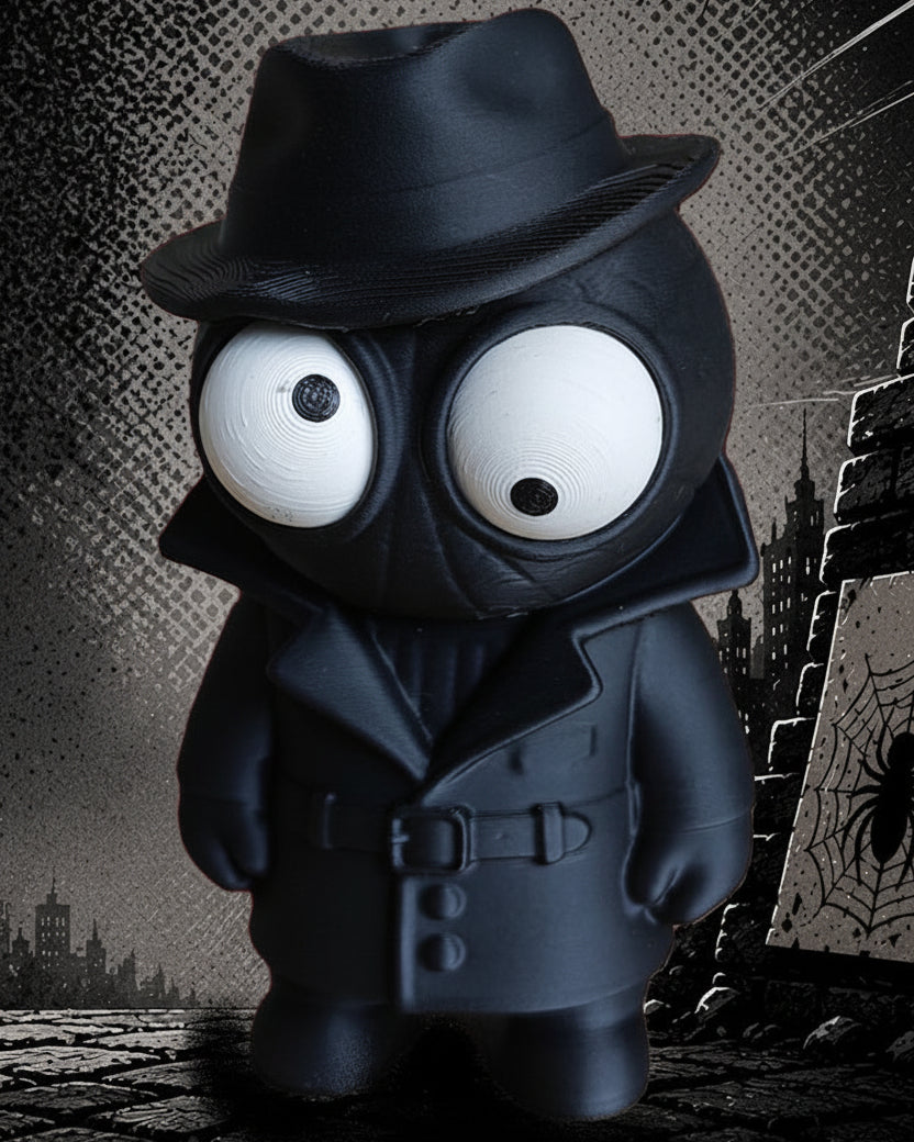 Spider Noir-figuurtje met beweegbare ogen, donkere jas en hoed, close-up op witte achtergrond