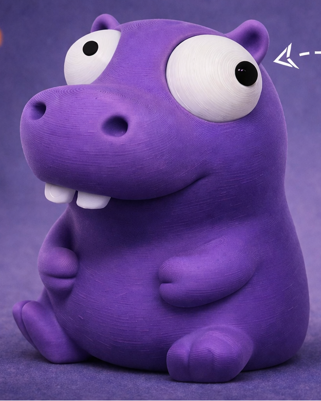 Close-up van een klein nijlpaardfiguurtje met grote beweegbare googly eyes op witte achtergrond