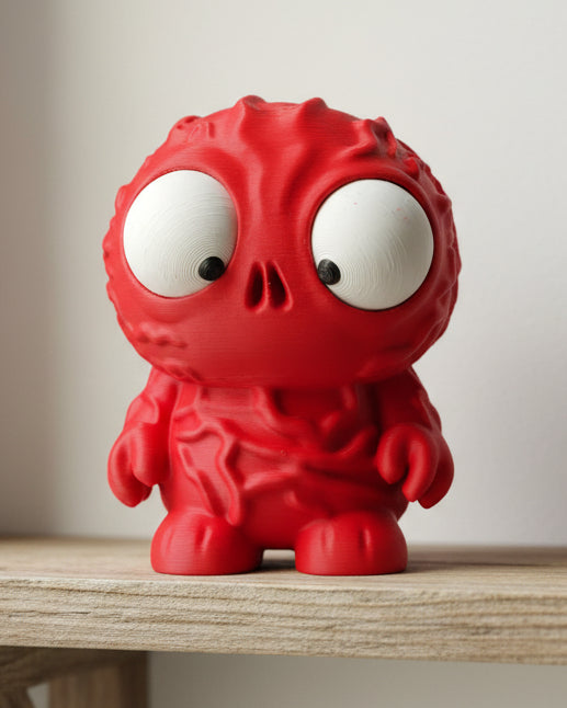 Vecna-figuurtje uit Stranger Things met beweegbare ogen op een bureau bij een toetsenbord