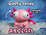 Gek axolotlfiguurtje met grote beweegbare ogen, van voren gezien