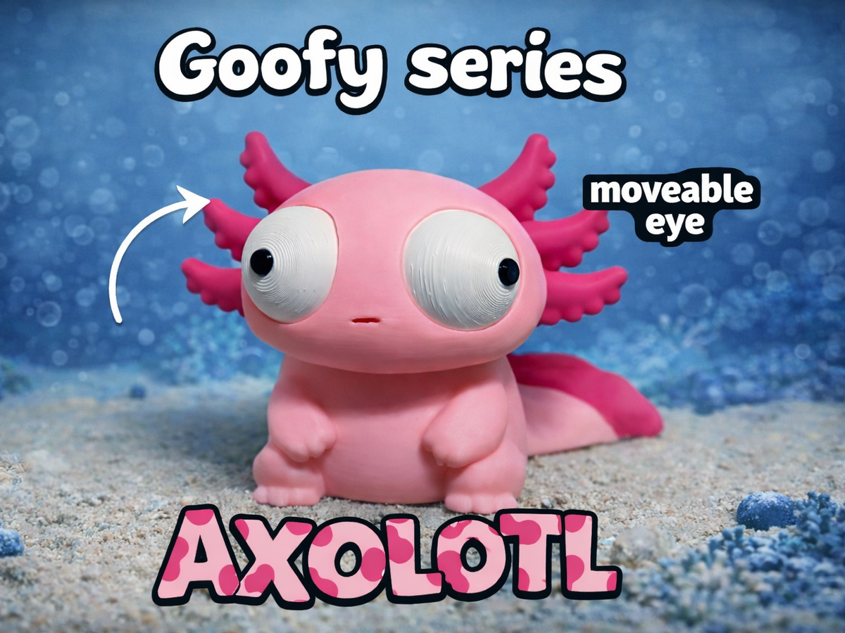 Gek axolotlfiguurtje met grote beweegbare ogen, van voren gezien