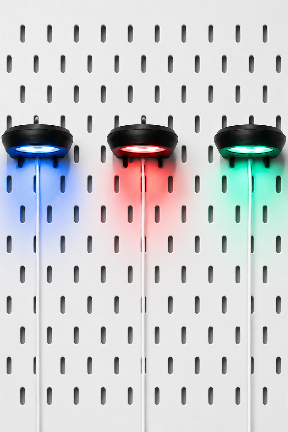 RGB-ledlamp op een zwart IKEA Skådis-gaatjesbord met draadloze afstandsbediening