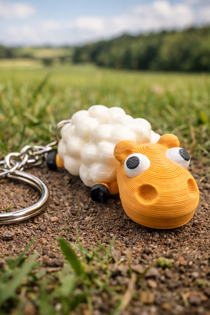Schattige 3D-geprinte schapensleutelhanger met wit, luchtig lijfje en oranje kopje