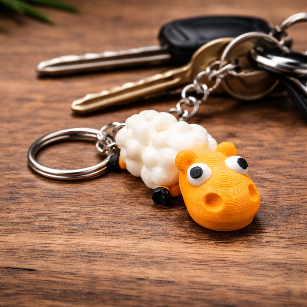 Sleutelhanger met schaap aan een stevige metalen ring met ketting