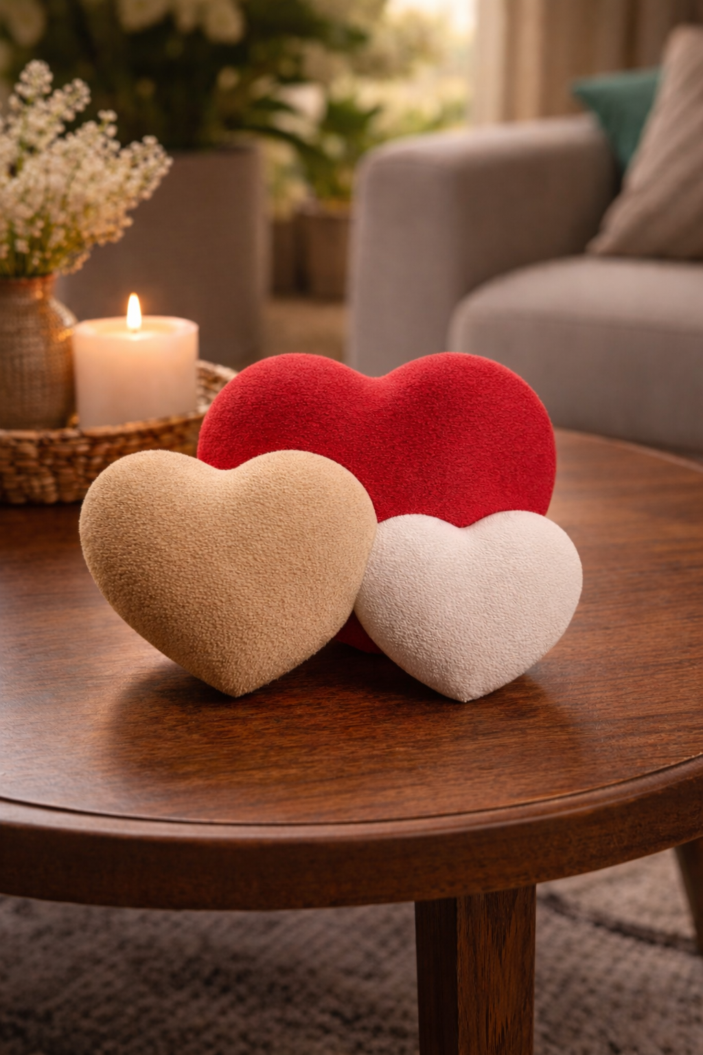 Drie decoratieve harten in wit, rood en beige met zachte, pluizige structuur