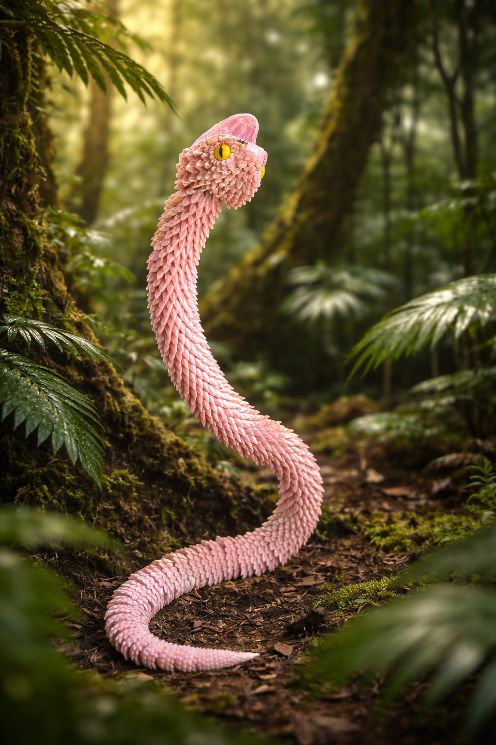 Roze decoratieve slang van 40 cm met gele ogen en sculpturale schubdetails