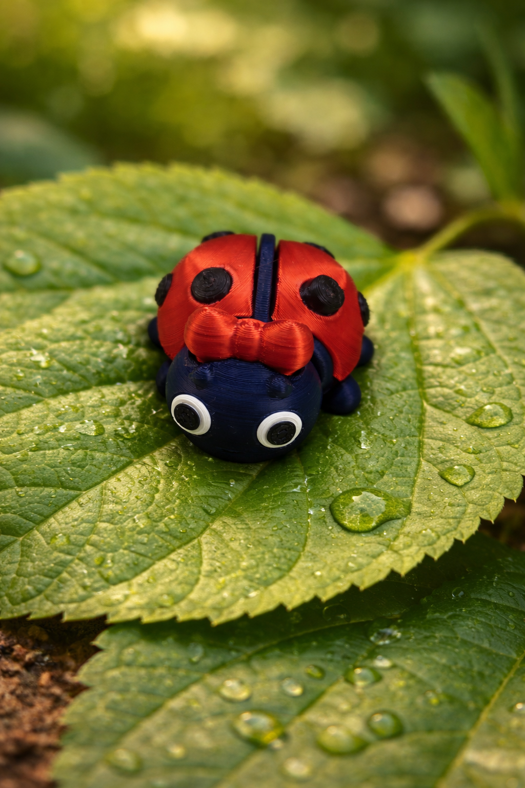 Rood flexibel lieveheersbeestje met zwarte stippen en beweegbare pootjes, 4,5 cm