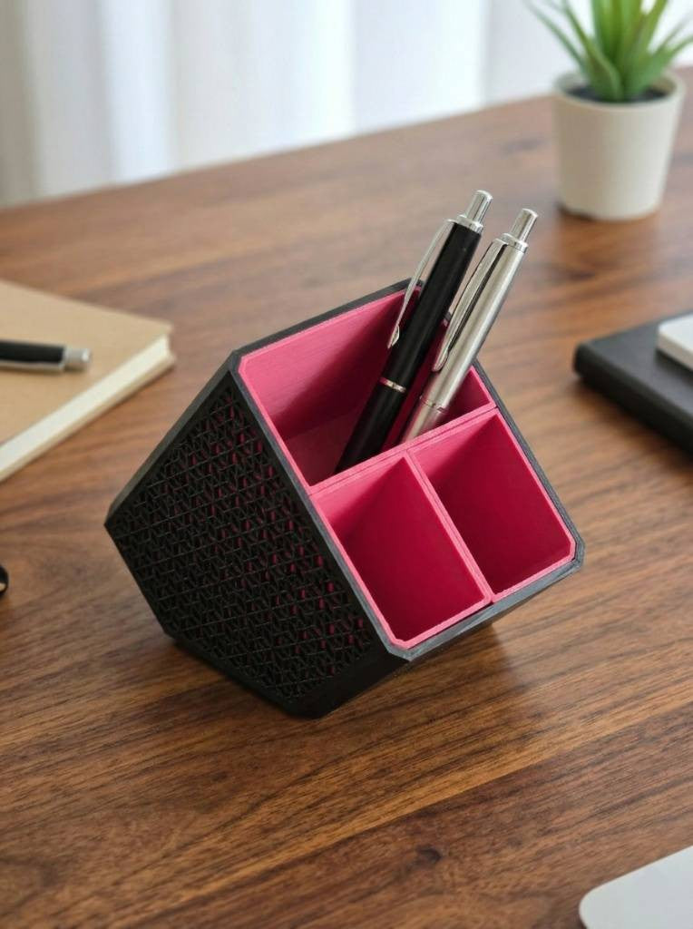 Pennenhouder met drie vakken in modern, minimalistisch ontwerp met strakke lijnen