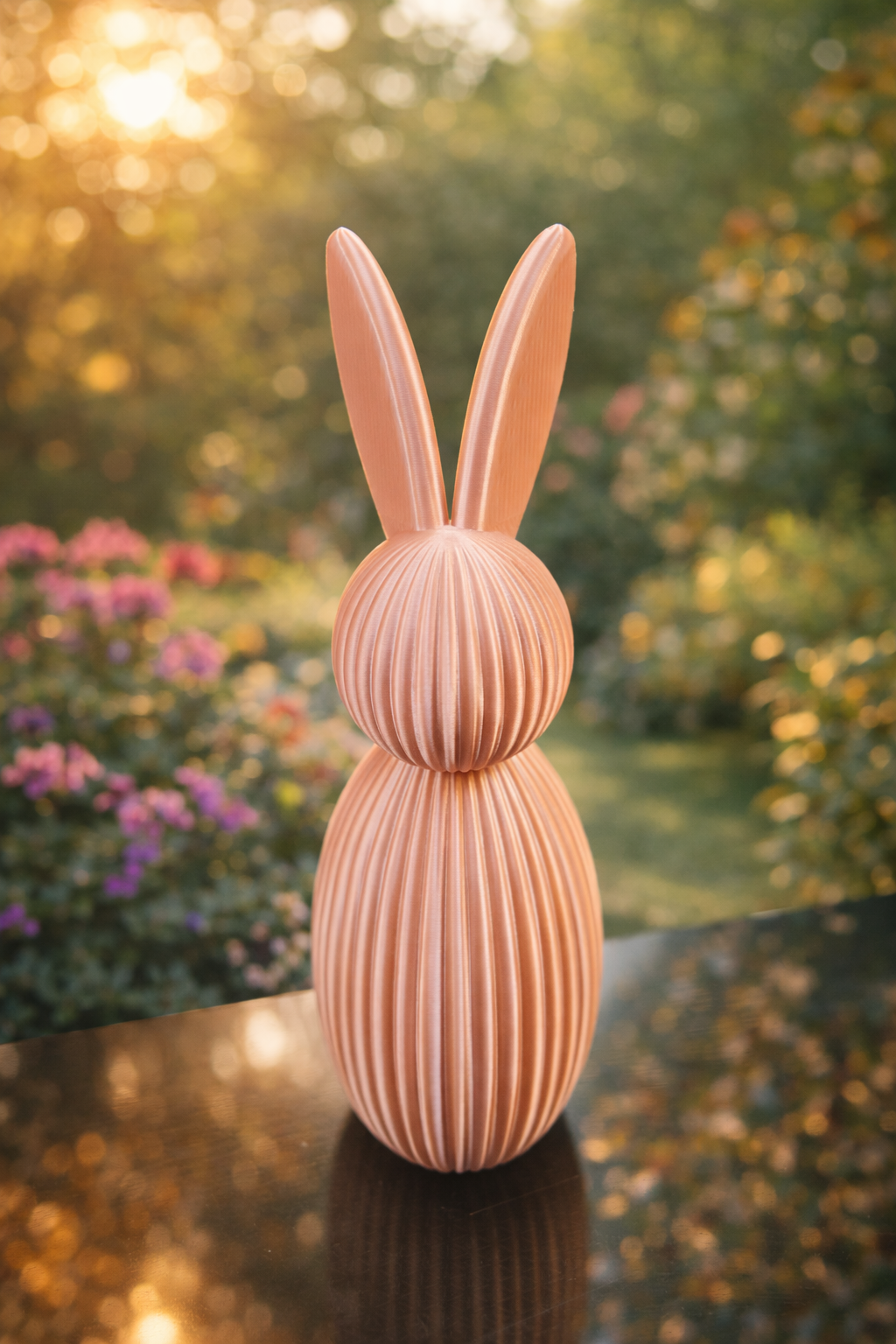 Paashaas op de rand van een plank tussen bloemen en voorjaarsdecoratie