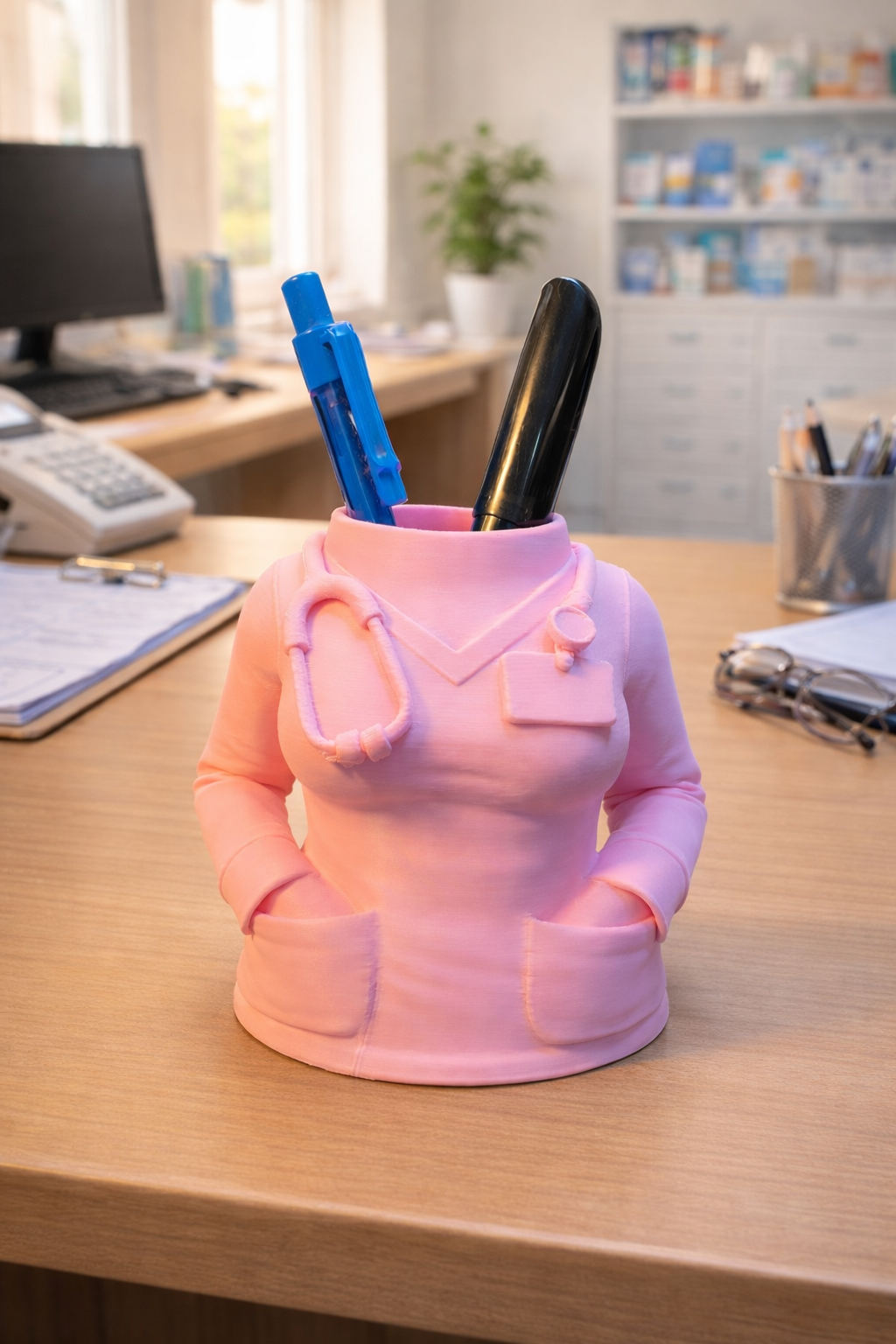 Pennenhouder in de vorm van een verpleegster in roze ontwerp