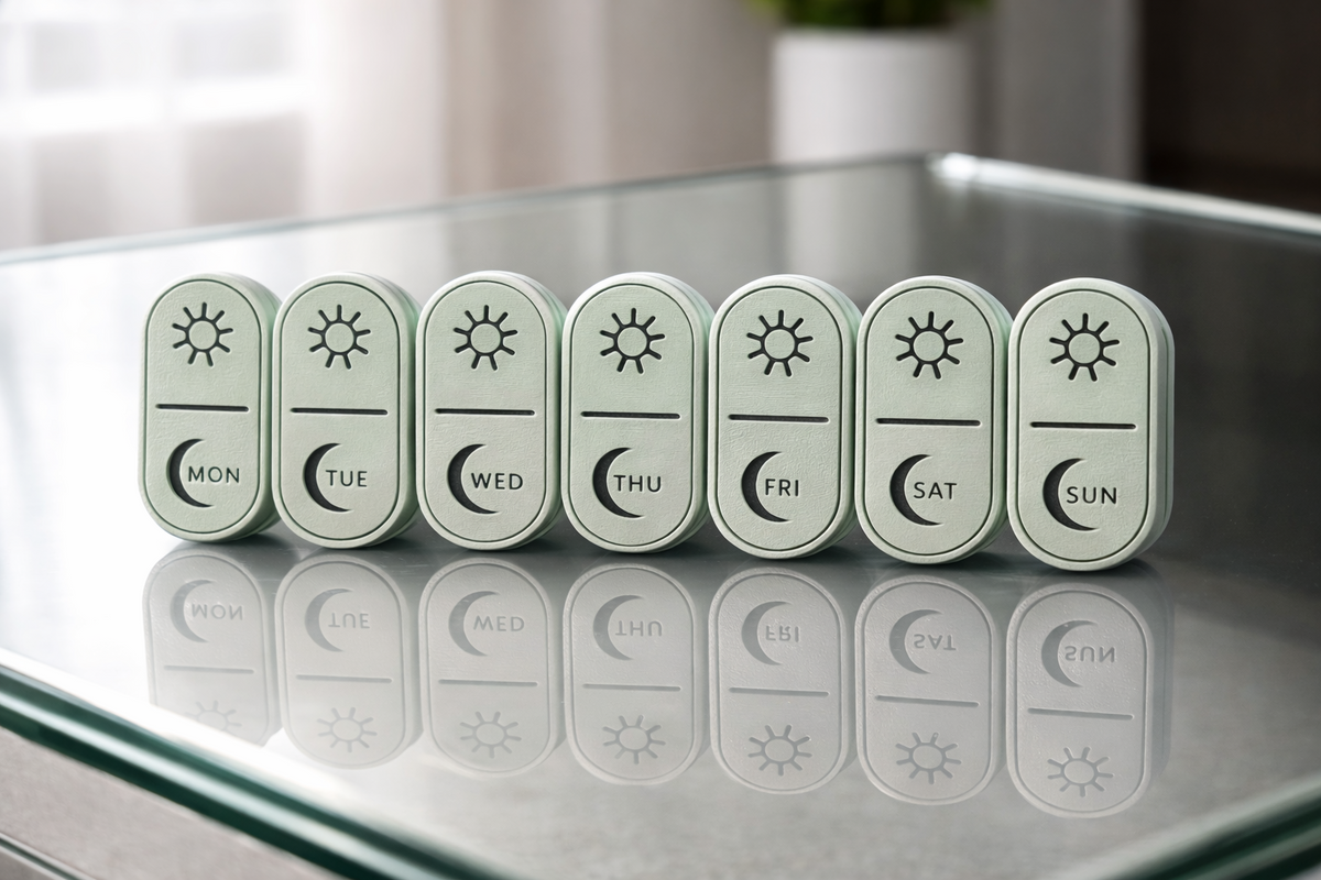 Gesloten pillendoosje in compact design, verkrijgbaar in groen, wit en roze