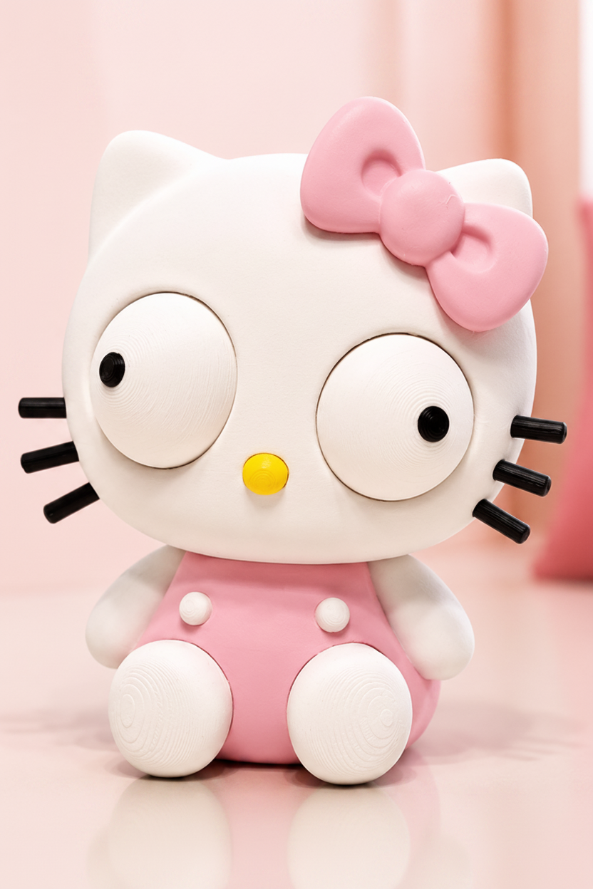 Kattenfiguurtje met beweegbare ogen en strik, close-up op witte achtergrond