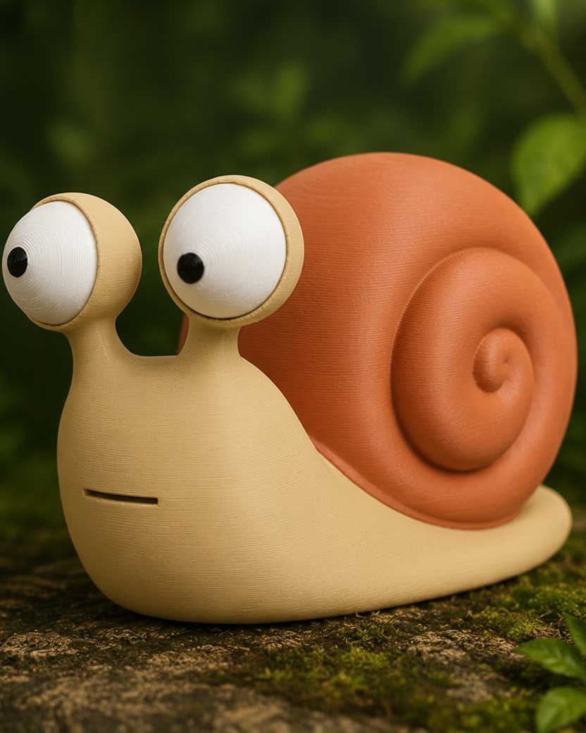 Close-up van een grappig slakkenfiguurtje met grote beweegbare googly eyes op witte achtergrond