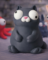 Close-up van een mollig wit kattenfiguurtje met grote beweegbare googly eyes