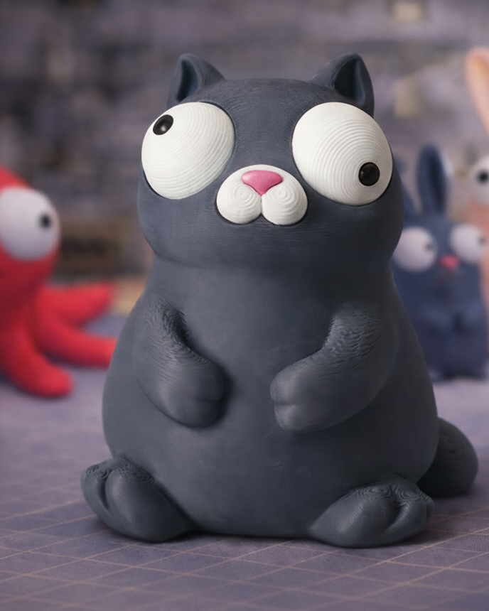 Close-up van een mollig wit kattenfiguurtje met grote beweegbare googly eyes