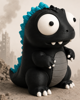 Kaiju-dinomonsterfiguurtje met grote beweegbare ogen, van voren gezien