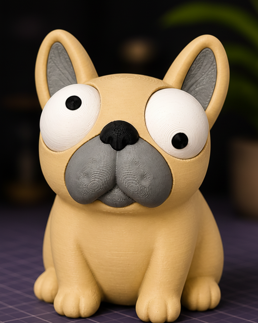 Close-up van Goofy Frenchie – Franse-bulldogfiguur met grote beweegbare googly eyes