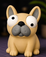 Close-up van Goofy Frenchie – Franse-bulldogfiguur met grote beweegbare googly eyes