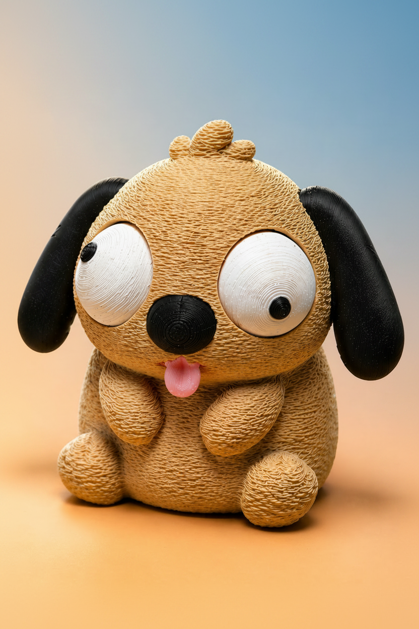 Close-up van een grappig hondenfiguurtje met grote beweegbare googly eyes op witte achtergrond