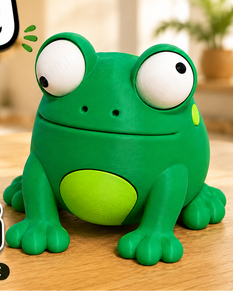 Close-up van een grappig kikkerfiguurtje met grote beweegbare googly eyes op witte achtergrond