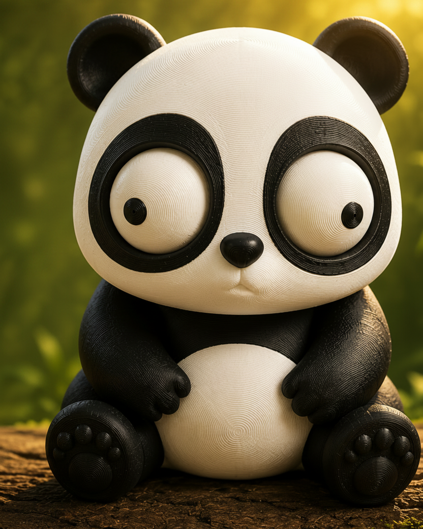 Close-up van een zwart-wit pandafiguur met grote beweegbare googly eyes op witte achtergrond