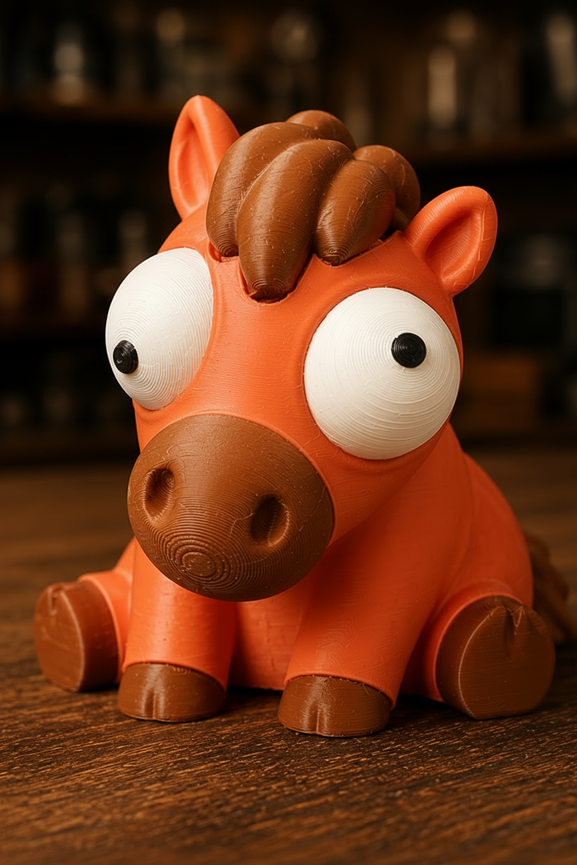 Close-up van een grappig paardenfiguurtje met grote beweegbare googly eyes op een wit vlak