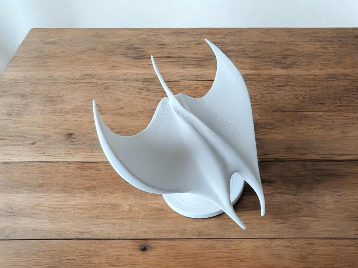 Close-up van het gladde witte oppervlak en de naar achteren gerichte vleugels van het mantarogbeeld