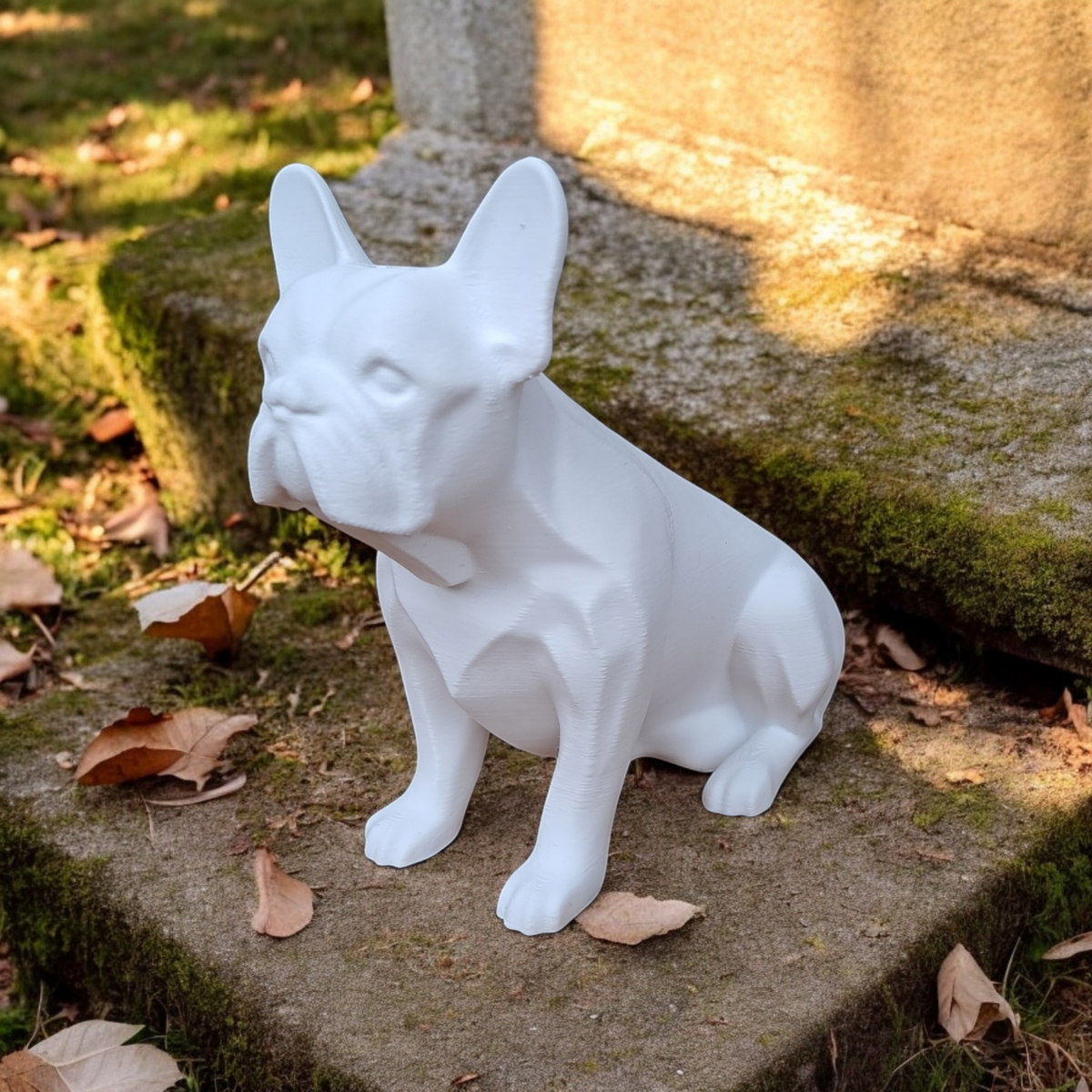 Close-up van het gezicht en de houding van het Franse-bulldogbeeld, glad oppervlak