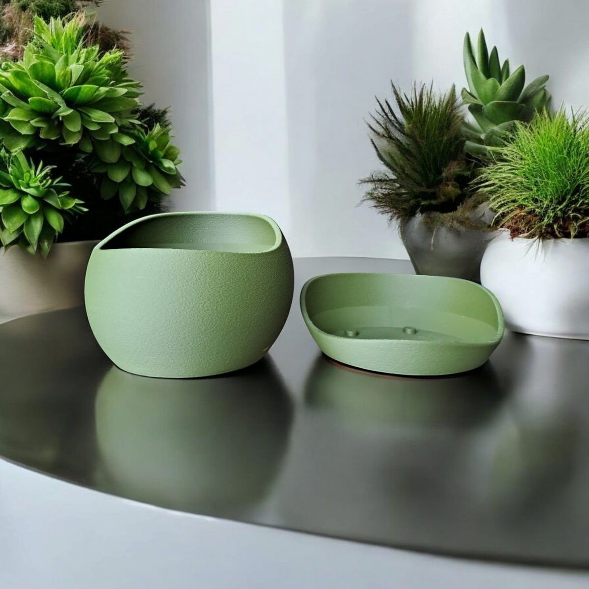Bloempot met haaienhuidstructuur en schotel op een houten plank met vetplant