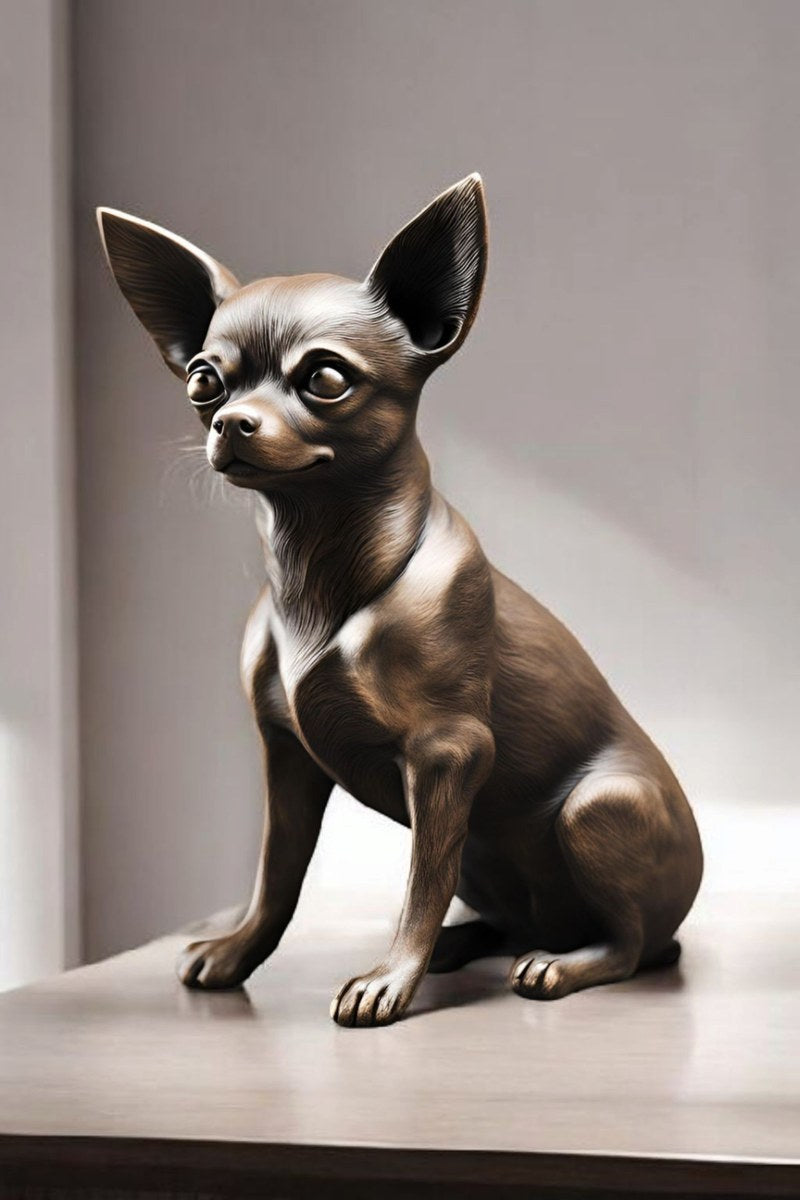 Close-up van een minimalistisch chihuahuabeeld met strak profiel en alerte houding