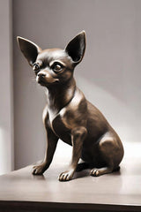 Close-up van een minimalistisch chihuahuabeeld met strak profiel en alerte houding