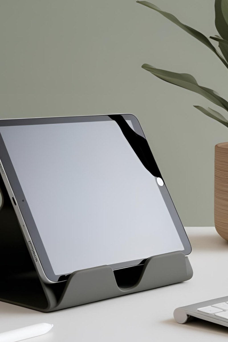 Minimalistische witte iPad-houder met schuin design en stabiele voet
