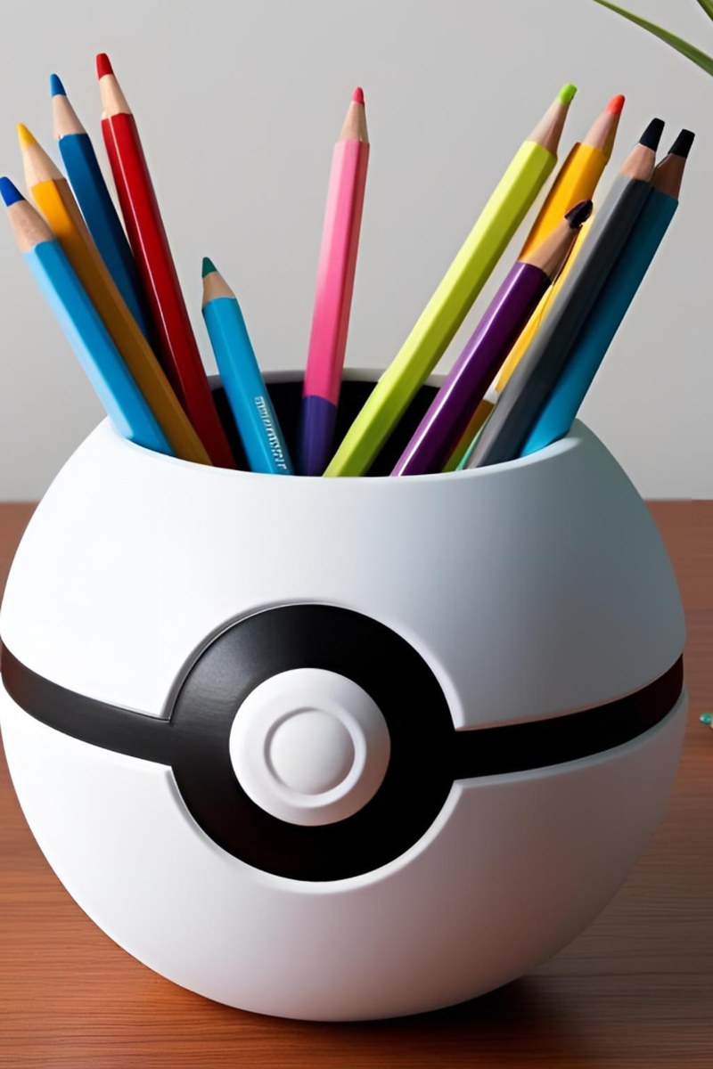 Rood-witte Pokéball-pennenhouder met balpennen erin, close-up