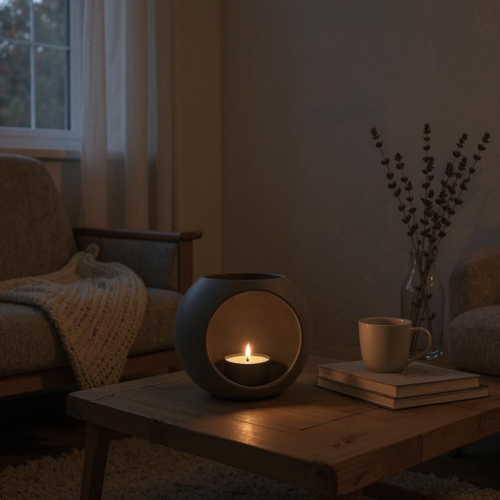 Moderne led-theelichthouder op een plank met warm licht erin