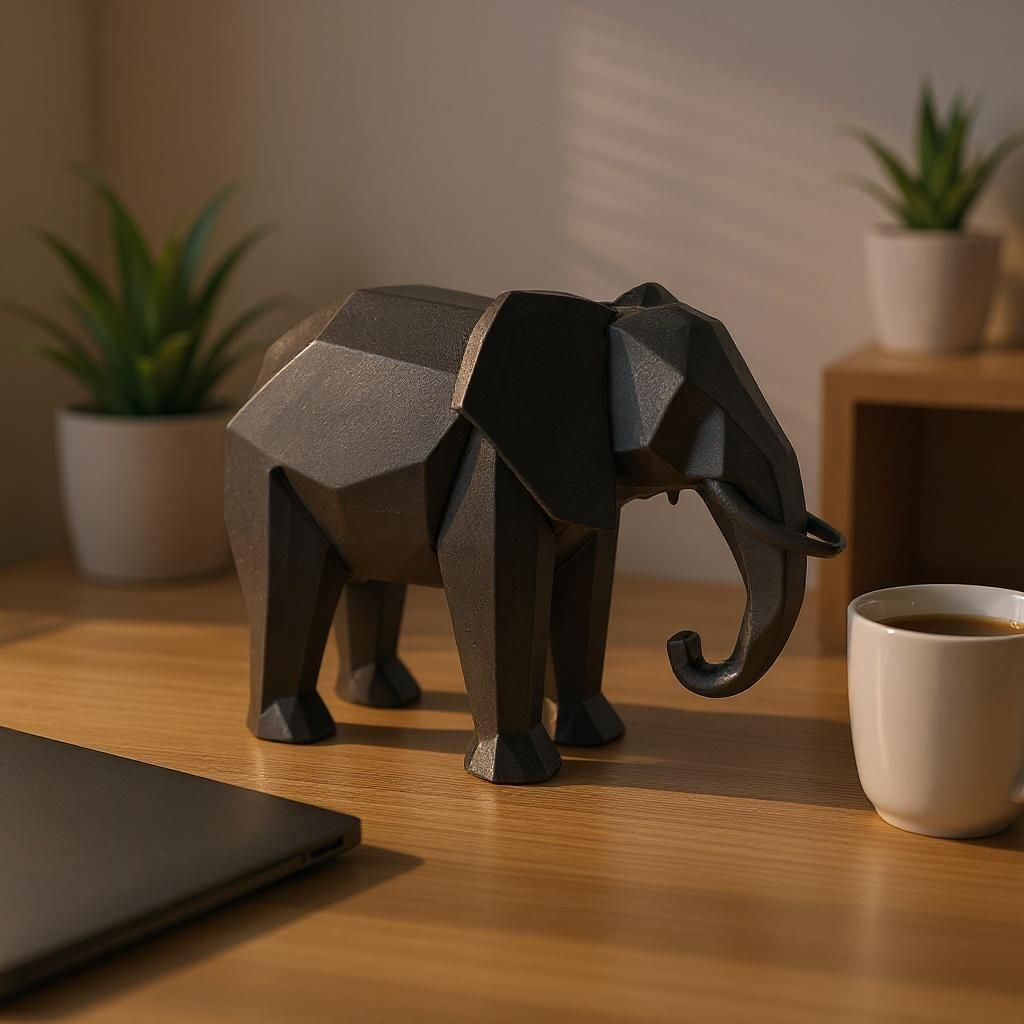 Low poly olifantensculptuur op een minimalistische plank met boeken en planten