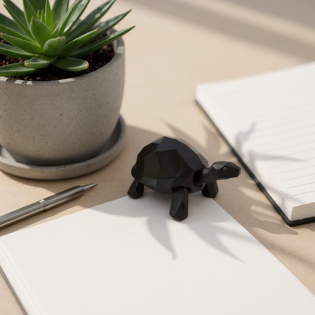 Close-up van een low-poly schildpadbeeld met gefacetteerd oppervlak en strakke lijnen