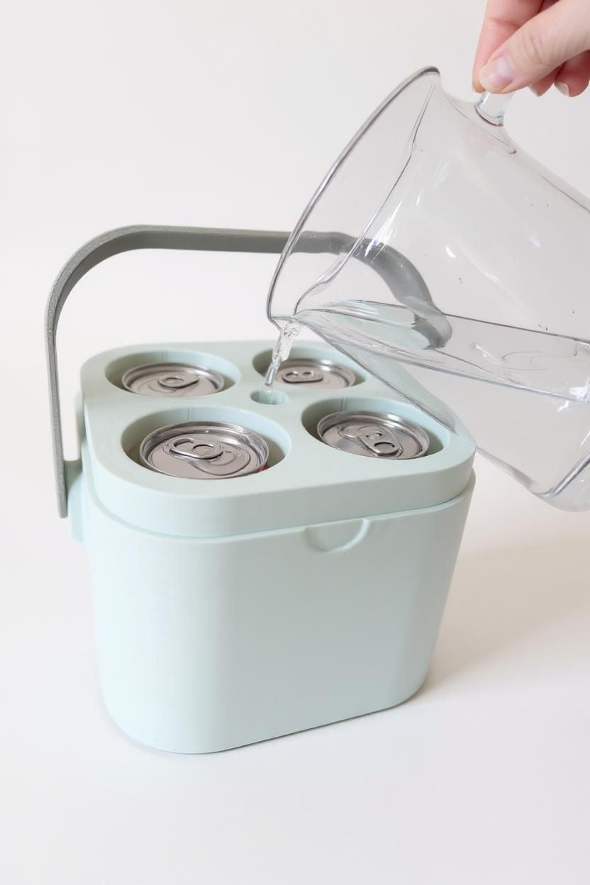 Witte invriesbare koelkubus op een picknicktafel buiten met drankjes