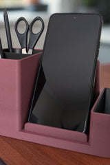 Bureau-organizer met telefoonhouder in twee kleuren en getextureerd oppervlak