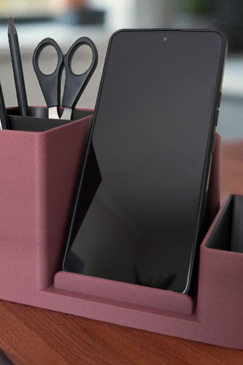 Bureau-organizer met telefoonhouder in twee kleuren en getextureerd oppervlak