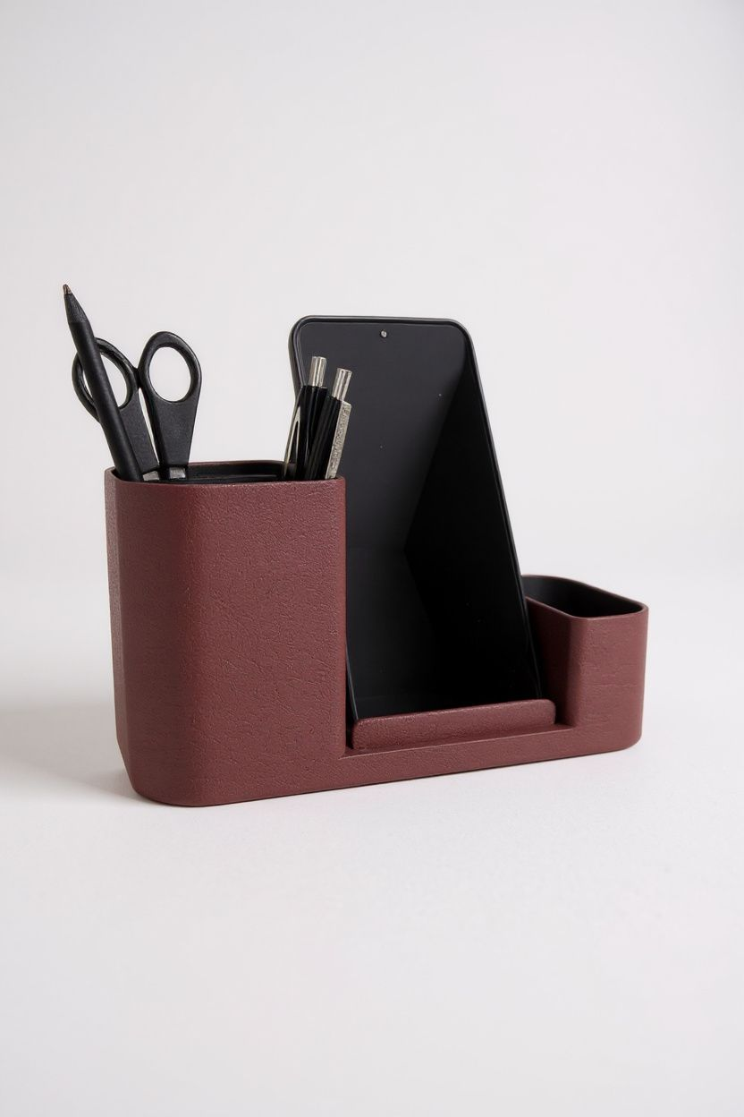 Bureau-organizer met telefoonhouder in twee kleuren en getextureerd oppervlak
