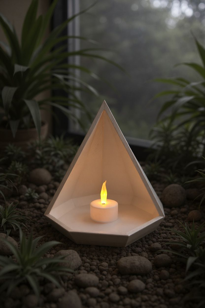 Geometrisch piramideschaaltje op nachtkastje met theelichtje en sieraden