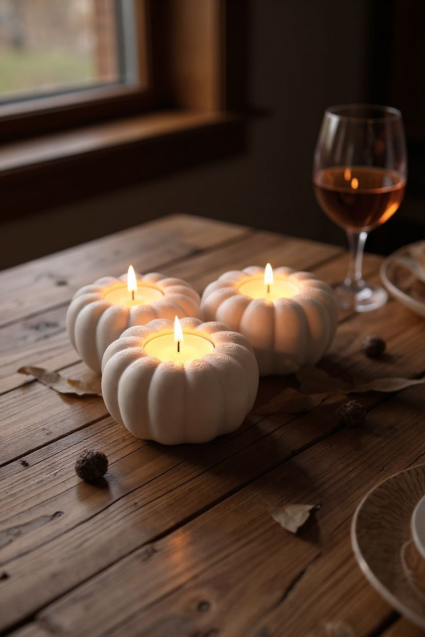 Pompoen-theelichthouder voor de herfst met brandende kaarsjes op een houten plank