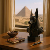Close-up van een low-poly Anubis-buste met gefacetteerde geometrische vlakken