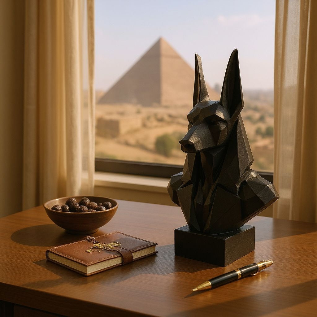 Close-up van een low-poly Anubis-buste met gefacetteerde geometrische vlakken